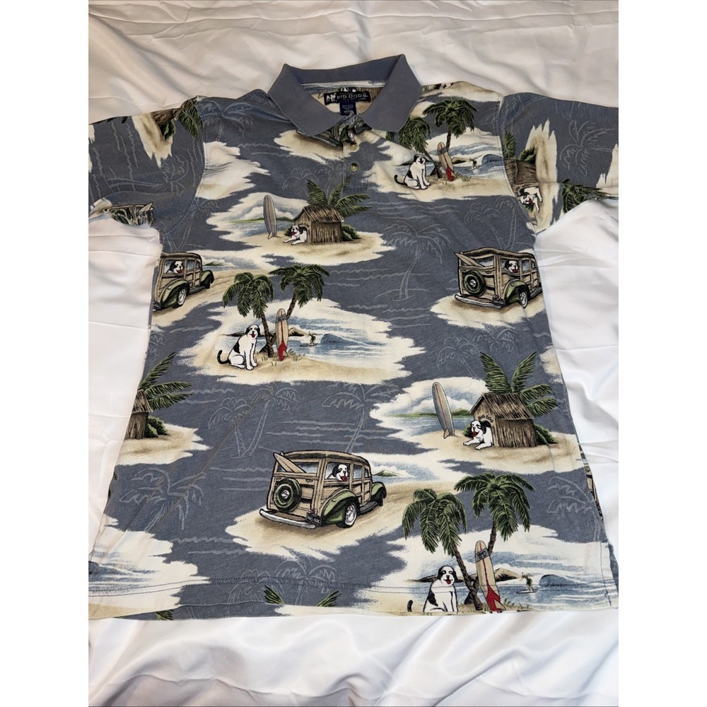 Big Dogs Hawaiian Aloha Shirt/Polo Mens M Blue Gray 100% Cotton Surf Beach Camp